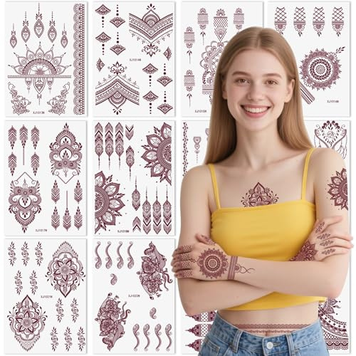 Xmasir 12 Sheets Brown Henna Tattoo Kit, Waterproof Temporary Henna Tattoos Stickers for Women Wedding Party (Brown)