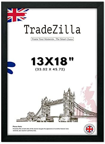 TradeZilla 13x18 inch Poster Frame in Black with Crystal Clear Perspex-(33.02 x 45.72) Solid MDF Wood Frame for Wall Mounting, Poster Frames in Horizontal or Vertical Format (Black)
