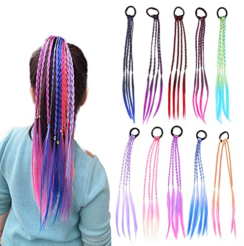 FLOTRUTE Haarverlängerungen, Zöpfe, 10 Stück, bunt, für Mädchen, mit elastischem Band, für Mädchen, Party, Geburtstag, Sport und Reisen (mehrfarbig)