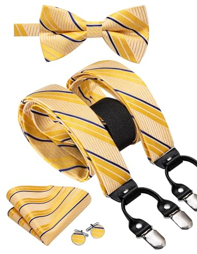 Hi-Tie Herren Hosenträger und vorgebundene Fliege mit Einstecktuch, stark, verstellbar, 6 Clips, Y-Rücken, Herren-Hosenträger, Gelb, Blau, M