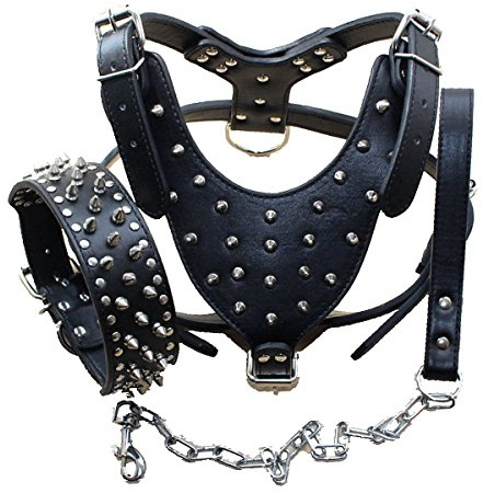 Bbmmayy Juego de arnés y collar de cuero con pinchos para perro, adecuado para razas grandes, bull terriers, dobermans, arnés de cuero duradero con tachuelas de metal y correa a juego (XL, tachuelas
