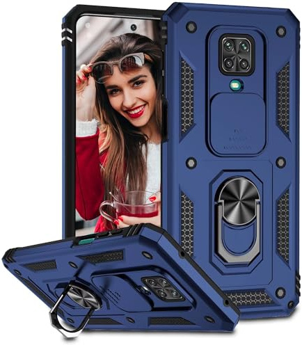 POUHYE Handyhülle für Xiaomi Redmi Note 9S / 9 Pro / 9 Pro Max Hülle, [Slide Camera] Militärqualität Stoßfest Bumper Outdoor Handyhülle mit 360° Drehbarer Metall Ring Ständer Schutzhülle Case Blau