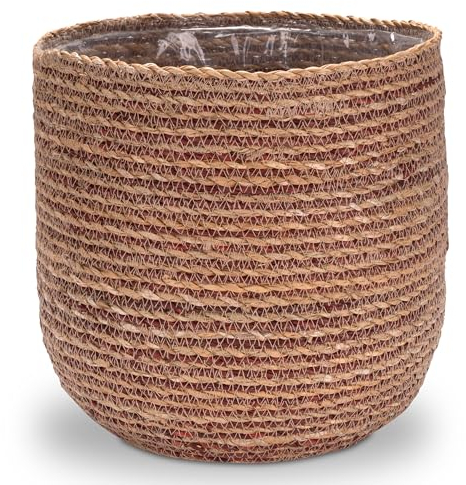 Decorasian Pot de Fleurs en jonc de mer - Cache-Pot tressé - Panier à Plantes décoratif avec Insert en Film Plastique dans Le Style Boho - Natuel/Rouge - 27cm