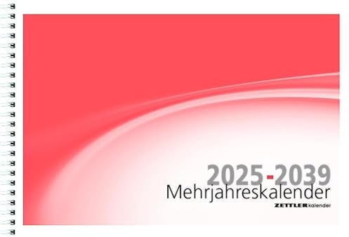 Zettler - Mehrjahreskalender, 29,9x20,6cm, Bürokalender mit 15 Jahre-Übersicht, 6 Monate auf 1 Seite, Kalendarium von 2025 - 2039, Arbeitstage-, Tages- und Wochenzählung, und Kalendarium DE