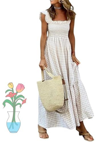 CAMPMINE Multi Plaid gesmokte Büste Maxikleid Damen Retro Plaid Sommer Spaghettiträger Quadratischer Ausschnitt Langes Kleid, beige, Medium