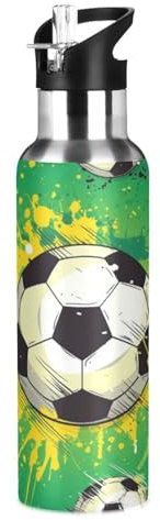 Wzzzsun Sport Football Football Isotherme Bouteille d'eau avec Paille, Gourde Sport en Acier Inoxydable 600ML Gourdes sans BPA pour Enfant Garçon Fille École Bureau