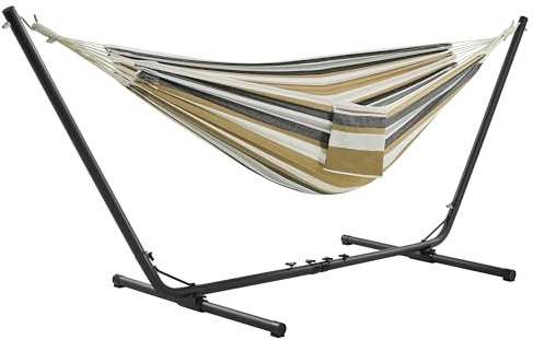 Yaheetech Hammock with Stand Set, 2-seater Cotton Hammock with Adjustable Metal Frame & Carrying Bag for Garden Outdoor Indoor Camping, Max.load 205kg - Desert Stripe