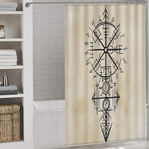 PAZZK Wikinger Duschvorhang Textil, Wasserdichter, Waschbar Stoff Polyester Badewanne Vorhang Mit 12 Duschvorhängeringen 55x72Inch（140x183cm）