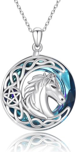 PARYFO Pferd Kette 925 Sterling Silber Pferde Anhänger Keltischer Schmuck Blaue Kristall Pferde Mädchen Geschenk für Damen Freund