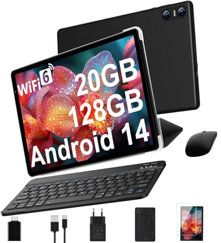 Tablet 10 Pollici Android 14 con Widevine L1, 20 GB RAM + 128 GB ROM(Espandibile Fino a 1 TB), Octa-Core, 5G Wi-Fi 6, 8MP + 5MP, 6000mAh, GPS, USB-C Tablet con Tastiera + Mouse + Custodia, Nero