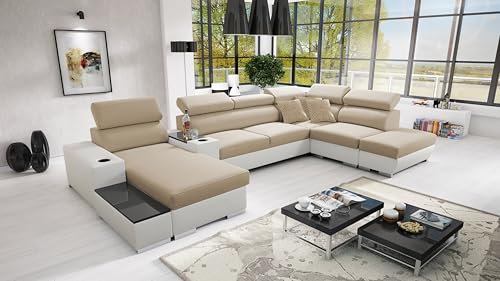 All4All Ecksofa mit Schlaffunktion Ponti 368 cm x 227 cm - Wohnlandschaft U-Form - Schlafsofa mit Bettkasten - XXL Sofa - Groß - Gewebe mit Kunstleder - Linke Seite - Beige/Weiß - Modern 26