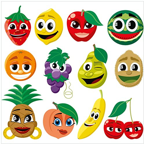 Wallario Glasbild Obst-Smilies im Comic-Stil - Lustige Früchte - 55 x 55 cm Wandbilder Glas in Premium-Qualität: Brillante Farben, freischwebende Optik