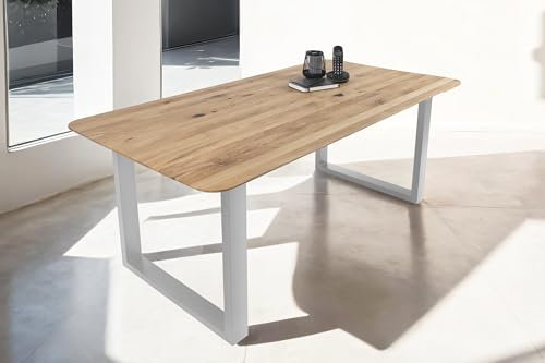 SAM Esstisch 160 x 85 cm Lotte, Eichenholz massiv & geölt, Esszimmertisch mit Schweizer Kante/runde Ecken, U-Gestell aus Metall Silber, pflegeleichter Holztisch