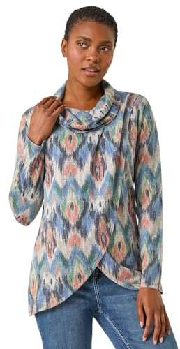 Roman Originals Women's Cowl Neck Long Sleeve Tunic Ladies Lightweight Longline Patterned Top Blouse Snit Autumn Winter Work & Casual Smart Wear Going Out Party Loungewear - Blue Multi - Size 10
