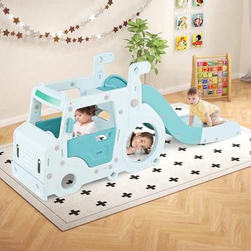 RELAX4LIFE Scivolo Pieghevole 3 in 1 per Bambini, a Tema Autobus con Casetta da Gioco, Tunnel per Strisciare, Corrimano Rialzati, Volante Simulato e Leva di Comando, 18 Mesi +, 204x45,5x82 cm