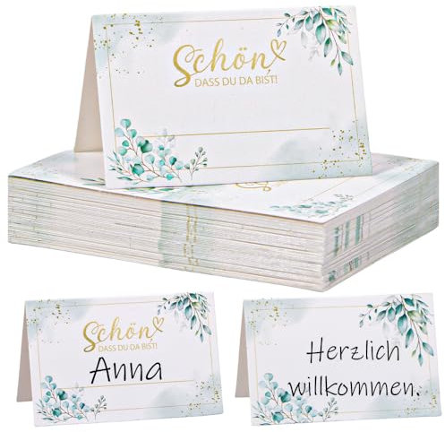 50 Stück Tischkarten Geburtstag, Tischkarten Hochzeit, Tischkarten Schön Dass Du Da Bist, Eukalyptus Namensschilder Hochzeit, Tischdeko Platzkarten für Hochzeiten, Taufen, Geburtstage, Kommunion