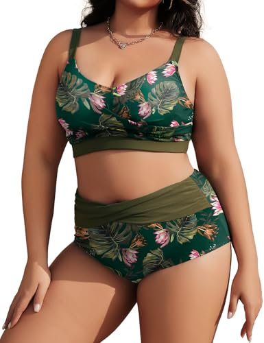 Tuopuda Bikini-Sets für Damen Zweiteiliger Bauchkontrolle Strandbikini Gepolstertes Strandbadeanzug Swimsuit 2 TLG Bikinioberteil mit Badehose, Grün, XL