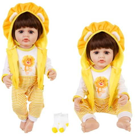 Puppenkleidung Set für Baby Puppen 50-55cm Puppen Niedlicher Löwe Jumpsuit mit Jacken Oberteile Hosen und Socken Kleiderbügel Puppenzubehör Puppen Wickeltisch für Jungen und Mädchen 20-22inch