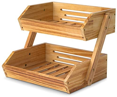 CALM COZY Fruit Basket, 2 Tier Wooden Fruit Basket Bowl Holder for Kitchen, Bread Fruit Storage Basket Wooden Vegetable Rack