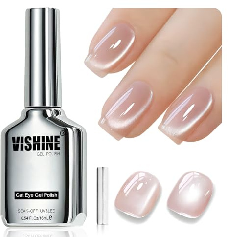 Vishine 16 ml Gel-Nagellack, Katzenaugen-Effekt, Eisglas, Cat Eye Gel, Polish, holografische Pailletten, transparent, Soak Off, magnetisch, für Nail Art, Nude Pink MY398