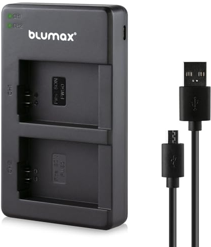 Blumax Mini Dual Charger – USB Ladegerät für Kamera-Akkus, kompatibel mit Canon, Sony, Nikon und Panasonic
