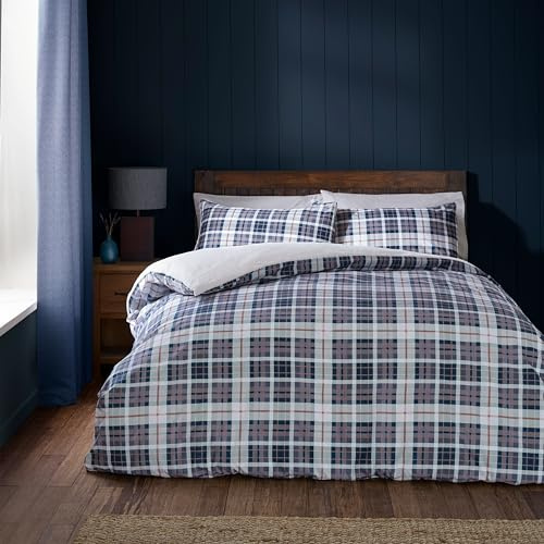 Catherine Lansfield Cosy Sherpa Check King Duvet Cover Set with Pillowcases Navy Blue
