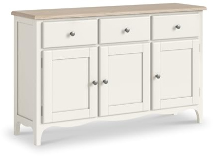 RoselandFurniture Celine Coconut White Large Sideboard for Living Room | Fully Assembled, Wooden Storage Cabinet with 3 Doors and 3 Drawers, Washed Oak Top, French Shabby Chic Style