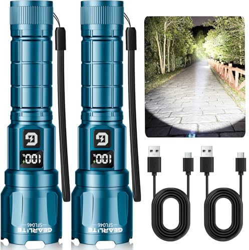 GEARLITE Taschenlampe LED Aufladbar, 3 Lichtmodi 6000L Superhelle Zoombares Taschenlampen mit LCD Batterie Display, IP65 Wasserdichte & XHP70.2 Taktische Handlampe für Camping Angeln, Notfäll（2, Blau）