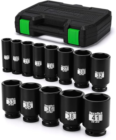 TecoTek 1/2 Drive Deep 6-Point Impact Socket Set, 13-Piece Spindle Axle Nut Impact Socket Set, Cr-Mo, Metric (17mm to 41mm), Enhanced Storage Case