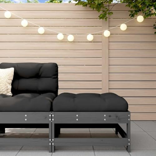Mandloder Gartenhocker mit Kissen Grau Massivholz Kiefer, Robuster Outdoor Hocker 62x62x32 cm, Sitzpolster Schwarz, Modulares Lounge Set Element, Belastbar bis 110 kg
