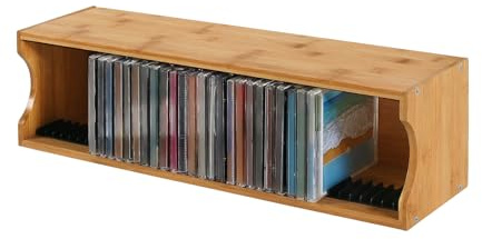 AriSen Bamboo CD Storage Rack, Desktop CD Organizer with Dual-Sided Slots | Vertical & Horizontal Display Stand, Stackable DVD Disc Holder, Holds 39 Standard CD Cases