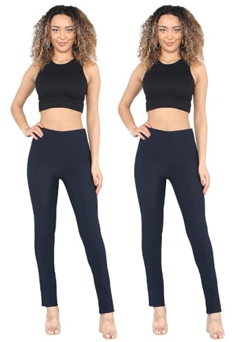 MyShoeStore Pack of 2 Ladies Womens Straight Leg Trousers Finely Soft Ribbed Stretch Pull On Pants Casual Full Elasticated Waist Bottoms Plus Size 8-24(Navy 22/27)
