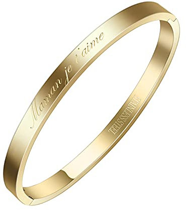 AURSTORE® Bracelet Jonc Fin en Acier Inoxydable 316L avec Message Phrases d'Inspiration Largeur 4 mm Plusieurs Messages au Choix Couleurs Doré (Maman Je T'aime)