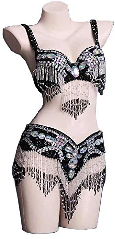 Wuchieal Damen Bauchtanz Kostüm Outfit Set BH Gürtel Karneval Bollywood - Schwarz - Einheitsgröße