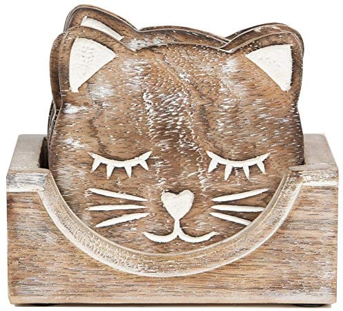 Indus Lifespace Wooden Coasters for Drinks Beer Wine Glass Tea Coffee Cup Mug Coaster Holder (Cat) (Coaster 8.9Cm, Set of 6)