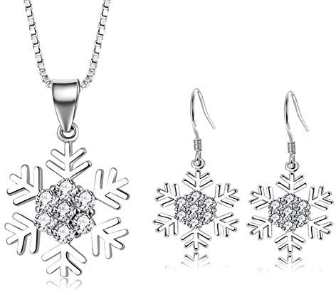 Deyanse Silber Schmuckset für Damen, 925 Sterling Silber Weihnachten Halskette Ohrringe Set, Schneeflocke Anhänger mit 45cm Silber Kette, Haken Ohrhänger mit Weiß Zirkonia, Geschenk zum Weihnachten