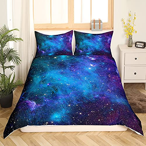 Homewish Galaxie Serie Tröster Deckel Set Blau Lila Sternenhimmel Gedruckt Dekor Bettwäsche Set für Frauen Teenager Jungen Universum Weltraum Thema Bettbezug Nebel Galaxie Tagesdecke, 155x220