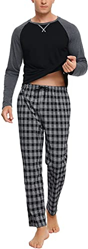 Litherday Schlafanzug Herren Lang Baumwolle Pyjamas Set mit Rundhals Nachtwäsche aus Baumwolle Winter Pyjama Zweiteiliger mit Taschen Sleepwear für Frühling Herbst