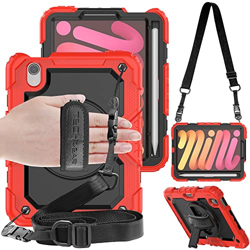 TECHGEAR UTILITY Case for iPad Mini 7/6, Mini 7th / 6th Generation 8.3 2024/2021, Tough Rugged HEAVY DUTY Armour Shockproof Case with 360 Rotating Stand, Hand and Shoulder Strap - Red