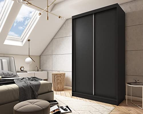 WFL GROUP Moderner Kleiderschrank Schwebetürenschrank Schwarz 120 150 180 200 cm - Schwarzer Matt Kleiderschrank für Schlafzimmer mit Schiebetüren - Kleiderstange - 120 cm - Schwarz