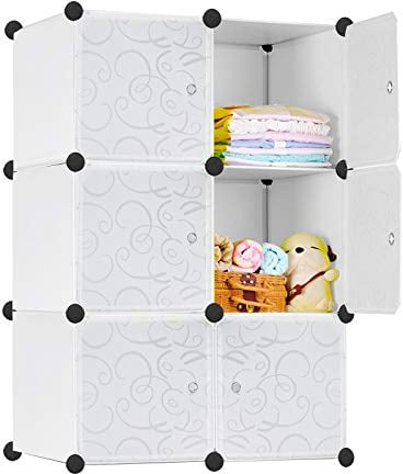 NAIZY Kleiderschrank Weiß DIY Regalsystem aus Kunststoff Garderobenschrank Steckregal Steckregalsystem mit Tür Kunststoffschrank (6 Würfeln)