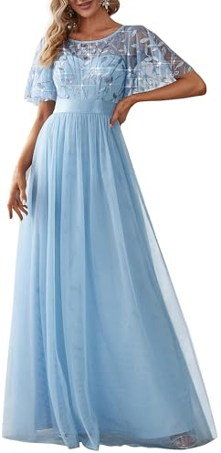 Ever-Pretty Damen Abendkleid A-Linie Spitze Kurze Ärmel Partykleid lang 00904