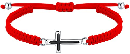 J.Endéar Kreuz Armband für Damen, Silber 925 Handgefertigtes Filigranes Armband Verstellbare Kordel Schmuck Kommunion Geschenk für Mädchen Glücksamulett für Herren Männer, Rot