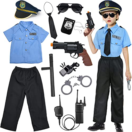 polizei Kinder Kostüm mit Ausrüstung Polizeihemd Hosen Mütze Handschellen Abzeichen Brille Walkie Talkie Spielzeug Halloween Karneval für Jungen und Mädchen