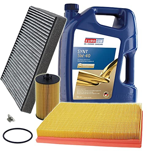 BESTPRICE Inspektionspaket Filterset mit 1x Ölfilter; 1x Luftfilter; 1x Innenraumfilter (Aktivkohle); 1x Ölablassschraube; 1x Motoröl 5W-40 SYNT SAE 5 l, KOMPATIBEL MIT - OPEL ASTRA G, ZAFIRA B