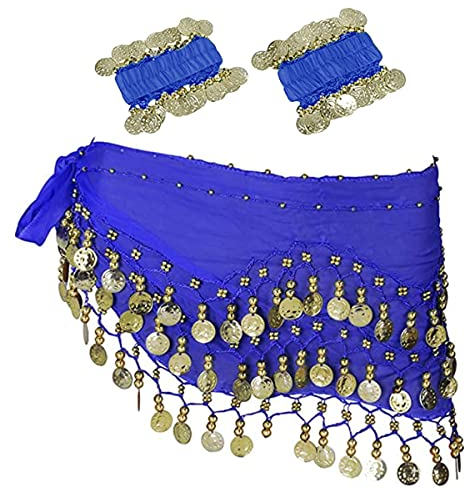 SamHeng Bauchtanz Hüfttuch mit Armbändern, Chiffon Bauchtanz Schal Wickeln Gürtelflügelrock mit goldenen Münzen für Performance Kostüm Bauchtanz Yoga Klasse