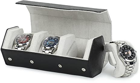 Hiram Uhrenrollen-Etui, echtes Leder, sechseckig, Reiseetui für 3 Uhren, schützende Uhren-Aufbewahrungsbox (schwarz)