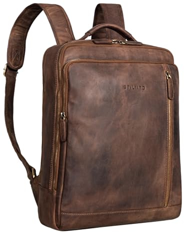 STILORD Kaleb Laptoprucksack Leder Business Rucksack Groß Lederrucksack mit Laptopfach 15 Zoll und Trolley Aufstecksystem Vintage Echtleder Farbe:mittel - braun