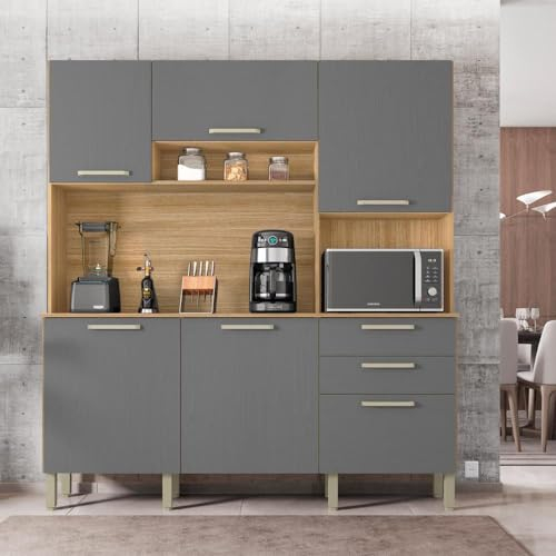 KITS PARANA Buffet de Cuisine 6 Portes 2 Tiroirs Chêne et Gris L 180.2 H 198 P 38.8 cm