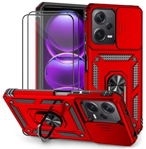 Dechyi Funda para Xiaomi Redmi Note 12 5G/Poco X5 5G Carcasa Cubierta de Cámara Deslizante Vidrio Templado con Soporte de Anillo-Rojo